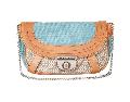 Sac pochette cuir camel et textile turquoise.